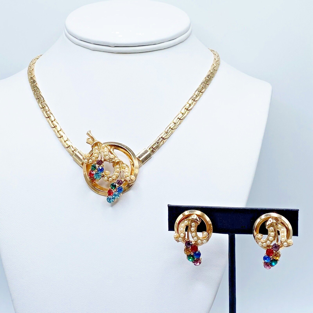 Vintage Multicolor Rhinestone Faux Seed Pearl Flower Necklace Earrings Set Demi